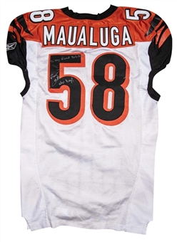 2009-2010 Rey Maualuga Game Used, Signed & Inscribed Cincinnati Bengals Road Jersey Photo Matched To 10/3/2010 (Beckett)